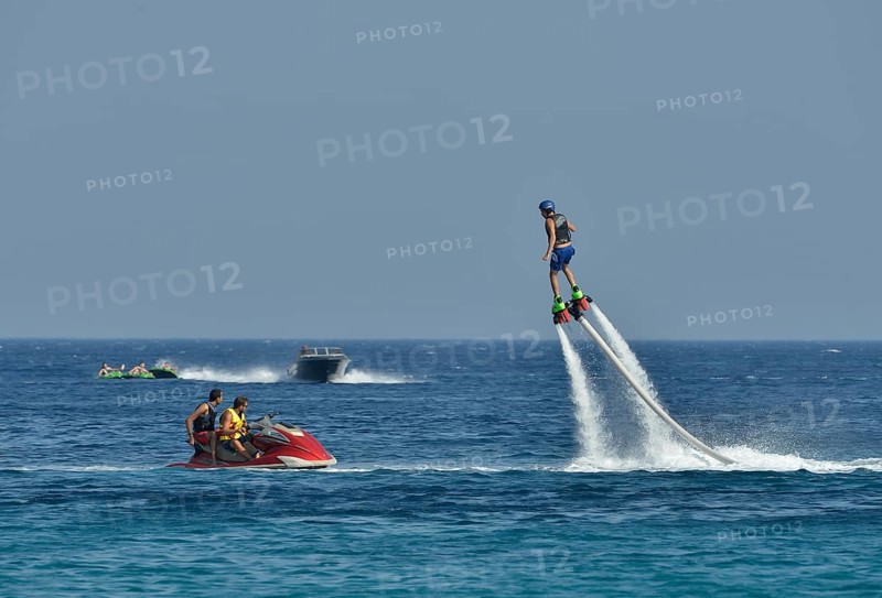 Water sports on the Super Paradise Beach, water jetpack, Mykonos, Cyclades, Greece, Europe