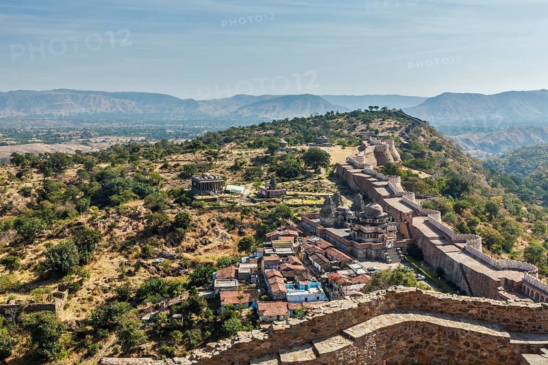 Temples and houses inside the walls of Kumbhalgarh fort. Rajasthan, India, Asia