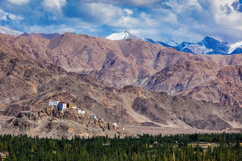 Thiksey gompa Buddhist monastery in Himalayas. View from Shey palace. Ladakh, India, Asia