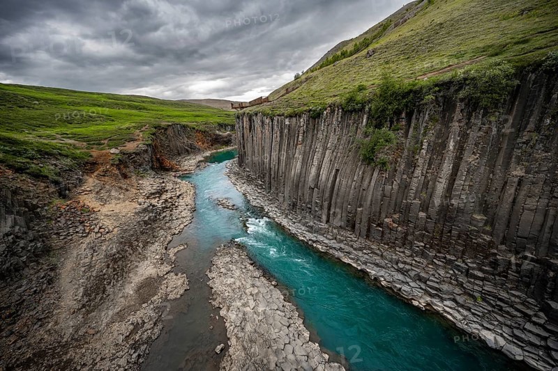 Stuðlagil Canyon, turquoise river between basalt columns, Egilsstadir, Iceland, Europe