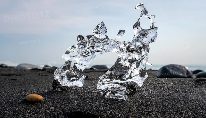 Ice, piece of ice on black sand beach, on black lava beach Diamond Beach, Southeast Iceland, Iceland, Europe