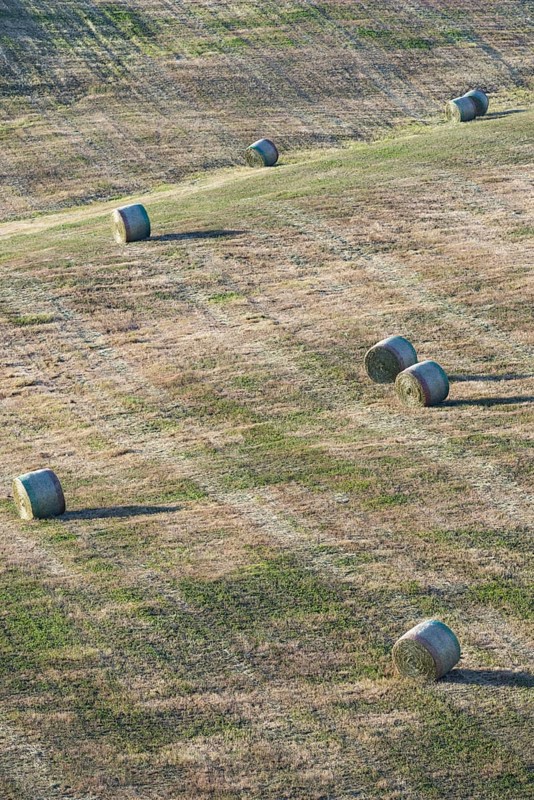 Harvested wheat field with straw bales, landscape around Pienza, Val dOrcia, Orcia Valley, UNESCO World Heritage Site, Province of Siena, Tuscany, Italy, Europe