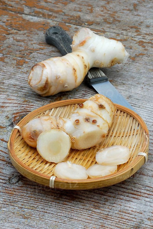 Ginger ( Zingiber officinale) freshly harvested, roots, root, knife