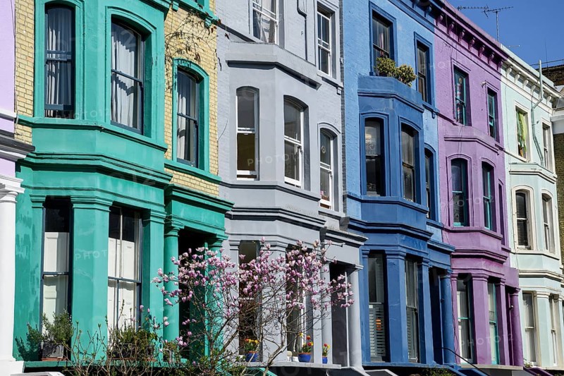 Colourful house facades on Lancaster Road, detail, Notting Hill, London, England, United Kingdom, Europe