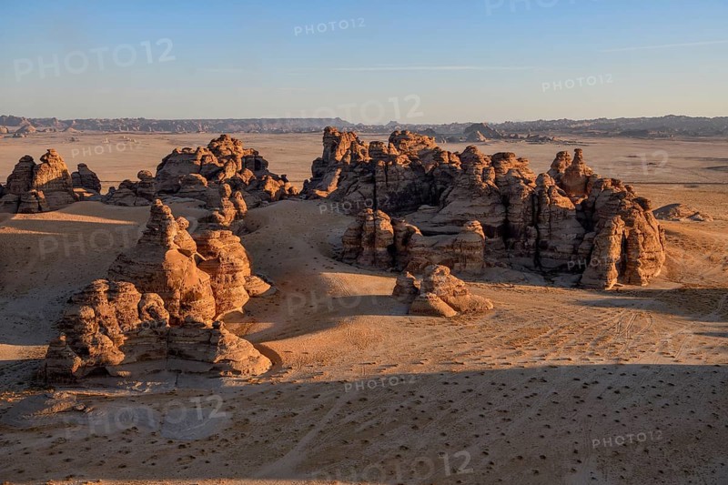 Rock landscape at Jabal Ithlib, blue hour, aerial view, Hegra or Mada'in Salih, AlUla region, Medina province, Saudi Arabia, Arabian Peninsula, Asia