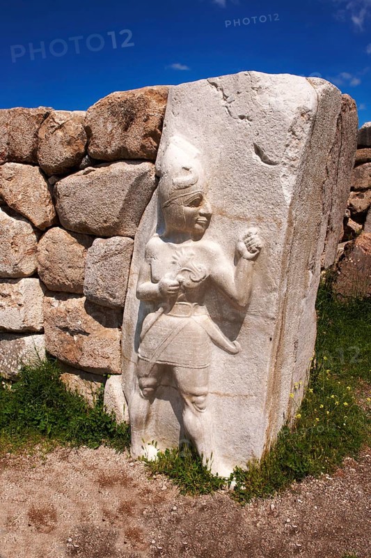 Hittite relief sculpture on the Kings gate to the ancient Hittite capital Hattusa, a UNESCO World Heritage Site, Hattusa, Turkey, Asia