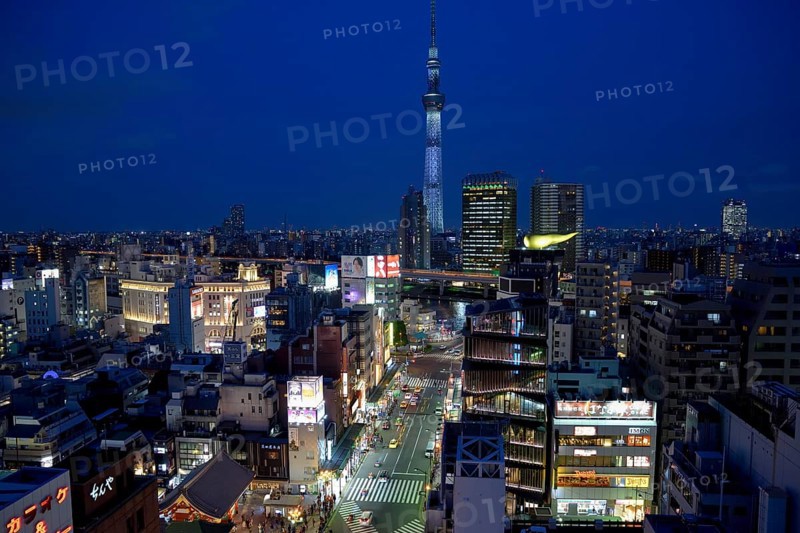 City view with the Skytree, with 634 meters the highest television tower of the earth, blue hour, Tokyo, Japan, Asia