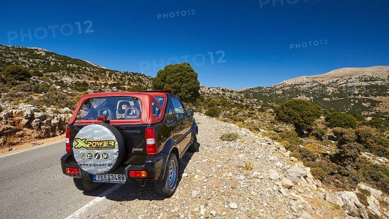 Lassithi plateau, Katharo plateau, road, jeep, Machia, cloudless blue sky, Lassithi, East Crete, island of Crete, Greece, Europe