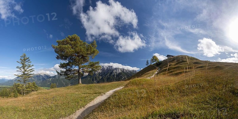 Panorama from Hoher Kranzberg, 1397m onto the cloudy Karwendel Mountains, Werdenfelser Land, Upper Bavaria, Bavaria, Germany, Europe