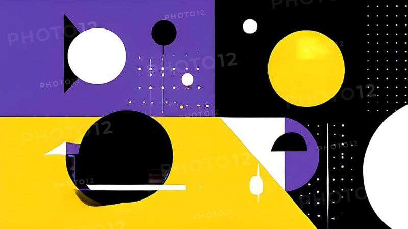 Minimalist illustration featuring abstract shapes in purple and yellow color accent symbolizing fun and ease, AI generated