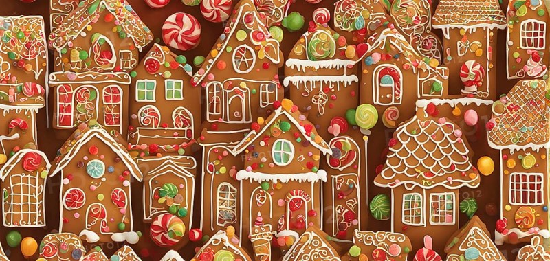Abstract wallpaper illustration of of gingerbread house decoration, AI generated