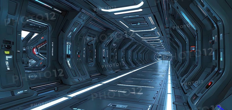 Three dimensional render of futuristic corridor inside a spaceship or space station, AI generated
