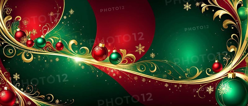 Abstract wallpaper illustration of Christmas symbols for gift cards, swirling shapes and lines, in red green and golden colors, AI generated