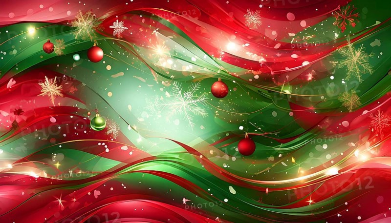 Abstract wallpaper illustration of Christmas symbols for gift cards, swirling shapes and lines, in red green and golden colors, AI generated