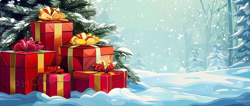 Abstract illustration of wrapped Christmas gifts, shiny ribbons and bows, stacked under a snow-dusted evergreen tree in a snowy outdoor setting, AI generated