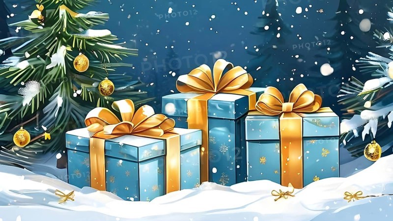 Abstract illustration of wrapped Christmas gifts, shiny ribbons and bows, stacked under a snow-dusted evergreen tree in a snowy outdoor setting, AI generated