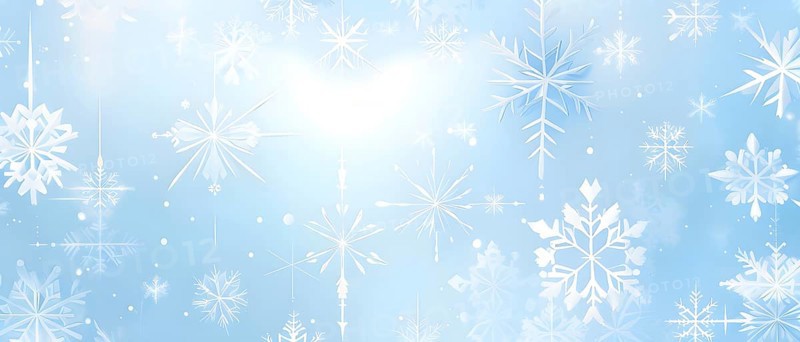 Abstract pattern of snowflakes in varying sizes and shapes in soft white and blue gradients, AI generated