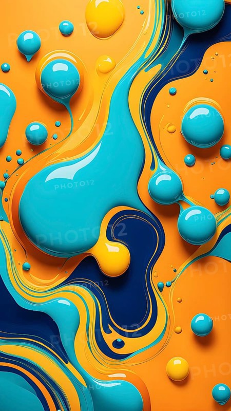 Abstract wallpaper with colorful turquoise and yellow blobs and liquid shapes on a orange background, AI generated