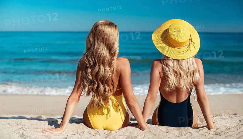 Two young woman on the beach in the Caribbean, Studio
