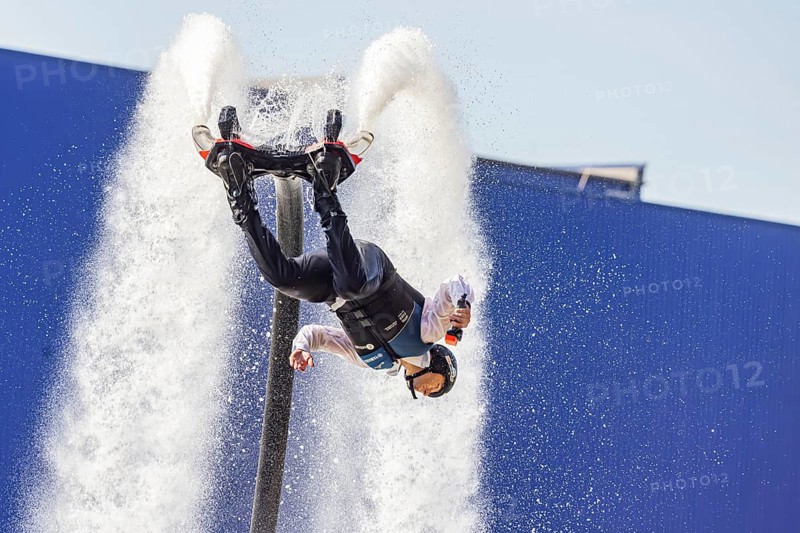 Harbour festival in Stuttgart. Spectacular jet ski and flyboard show on the Neckar. Stuttgart, Baden-Württemberg, Germany, Europe