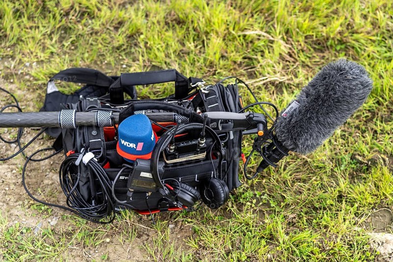 Symbolic image media, sound recorder, with microphones, sound boom, headphones, of a TV team of the WDR, North Rhine-Westphalia, Germany, Europe