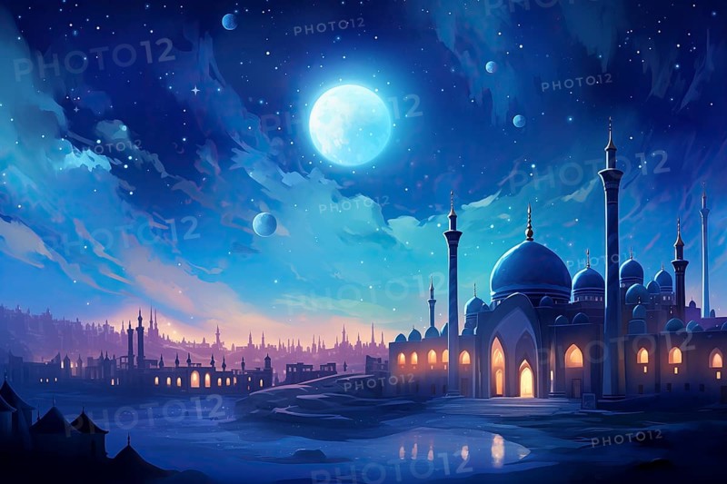 Ramadan with a mosque silhouetted against a starry night sky, illuminated by the full moon, AI generated