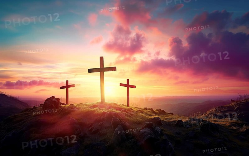 Easter concept three crosses on Golgotha Calvary hill against a dramatic sunset, AI generated