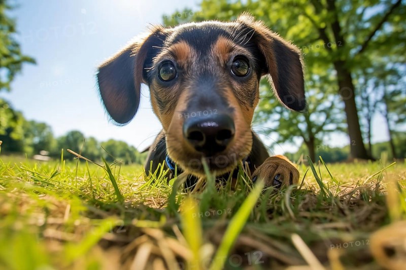Young dachshund puppy lying in a sunlit field, surrounded by nature, AI generated