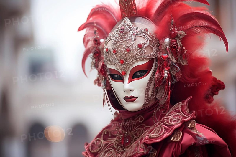 A person adorned in a richly detailed and colorful carnival costume, complete with an elaborate mask, participates in the iconic Venice Carnival, AI generated