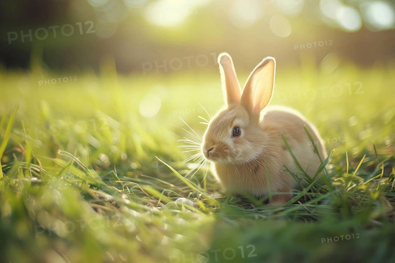 Bunny with large, attentive ears, basking in the golden hour sunlight amidst a lush green field, AI generated