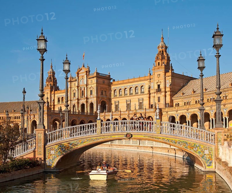 The Plaza de España, Seville, Spain built for the Ibero-American Exposition of 1929. It is a landmark example of the Renaissance Revival style in Spanish architecture