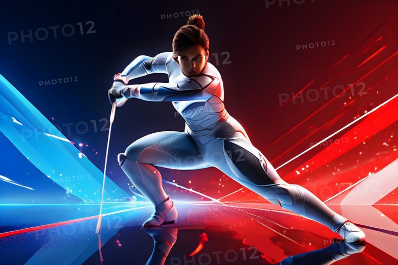 Abstract digital render a fencer morphing into fluid shapes, AI generated, Paris, Paris, Olympic Games