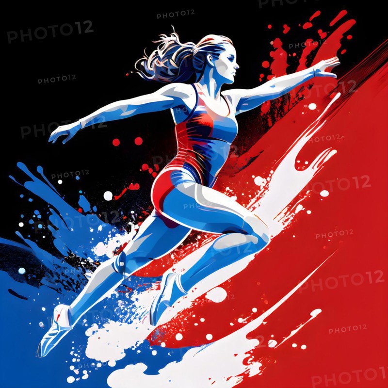Abstract digital render of a female olympic athlete morphing into fluid shapes in french tricolor blue white and red, AI generated, Paris, Paris, Olympic Games
