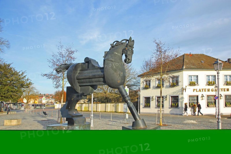 Sculpture Anscavallo by Jürgen Goertz 1993, horse figure, abstract, modern art, bizarre, whimsical, black, bronze, promenade, Schlossplatz, Ansbach, Middle Franconia, Franconia, Bavaria, Germany, Europe