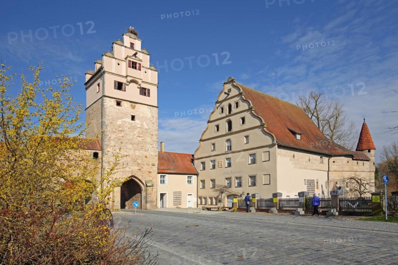 Nördlinger Tor with town fortifications, town wall and historic town mill, spring, town gate, town tower, Dinkelsbühl, Middle Franconia, Franconia, Bavaria, Germany, Europe