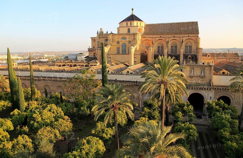 Raised angle view of Great Mosque, Mezquita cathedral, former mosque building in central, Cordoba, Spain, Europe