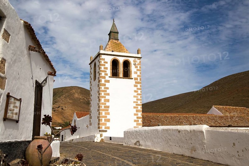 Historic church tower, Iglesia de Santa Maria, Betancuria, Fuerteventura, Canary Islands, Spain, Europe