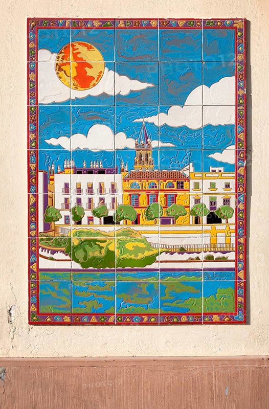 Ceramic tile picture of Calle Betis, Triana district Guadalquivir river, Seville, Spain, Europe