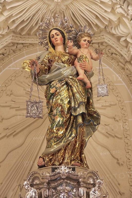 Religious statue Madonna and baby Jesus inside Carmelite church, Basilica of Our Lady of Mount Carmel, Valletta, Malta, Europe