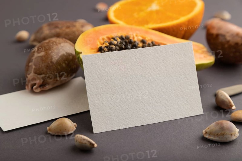 White paper business card with ripe cut papaya, orange, seashells on gray pastel pastel background. Side view, copy space. Tropical, healthy food, vacation, holidays concept