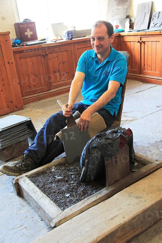 Demonstration of slate working, National slate museum, Llanberis, Gwynedd, Snowdonia, north Wales, UK
