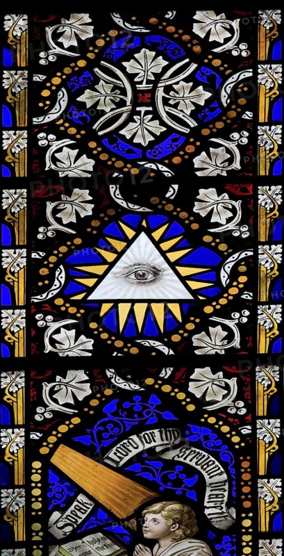 Church of Saint Mary Magdalene stained glass window, Thornham Magna, Suffolk, England, UK, The All Seeing Eye