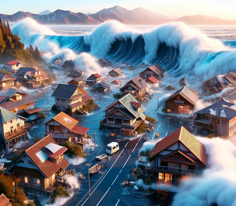 A monster wave, a tsunami, floods and destroys the houses of a village, climate change, climate crisis, global warming, AI generated, AI generated
