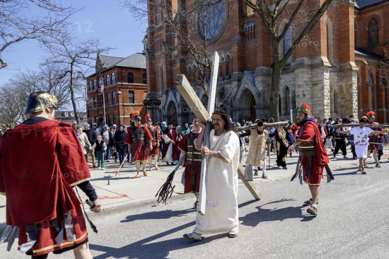 Detroit, Michigan, The Stations of the Cross are portrayed, in Spanish, on Good Friday at the Catholic Basilica of Ste. Anne. Ste. Anne was founded by French colonists in 1701. The church now serves a mostly Mexican-American community