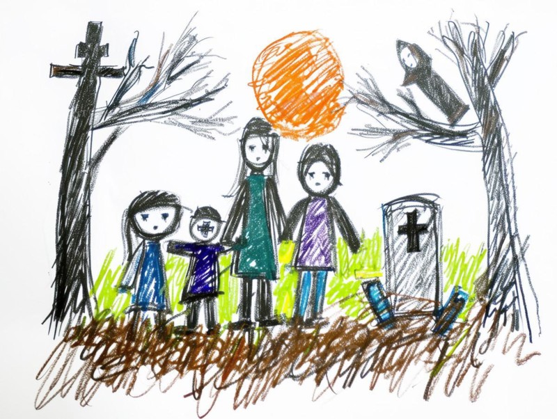 A family mourning in a cemetery, drawing, coloured pencil drawing of a preschool child, primary school age, symbolic image for grief, coping with grief in children, loss, AI generated, AI generated