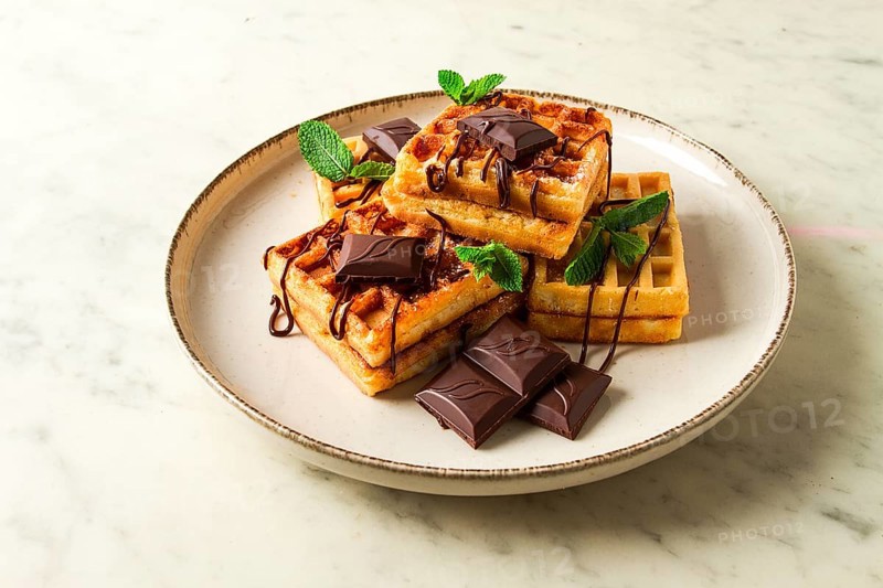 Viennese waffles, with chocolate, breakfast, on a beige background, no people, selective focus, waffles, dessert, chocolate, mint