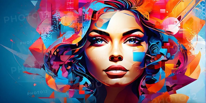 AI generated abstract portrait in vector art foundation watercolor textures with overlapping photographic elements