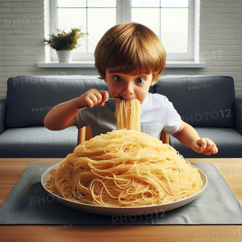 A boy sits in front of a plate with a mountain of spaghetti and shovels it into his mouth, symbolic photo food, food, pasta, hunger, nutrition, AI generated, AI generated