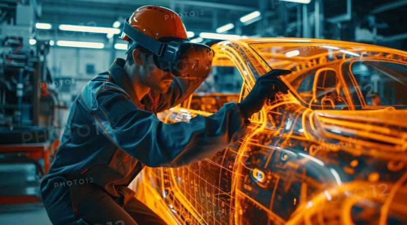 Team of engineers, visualization of future vehicle prototype 3D modeling in car production factory, AI generated
