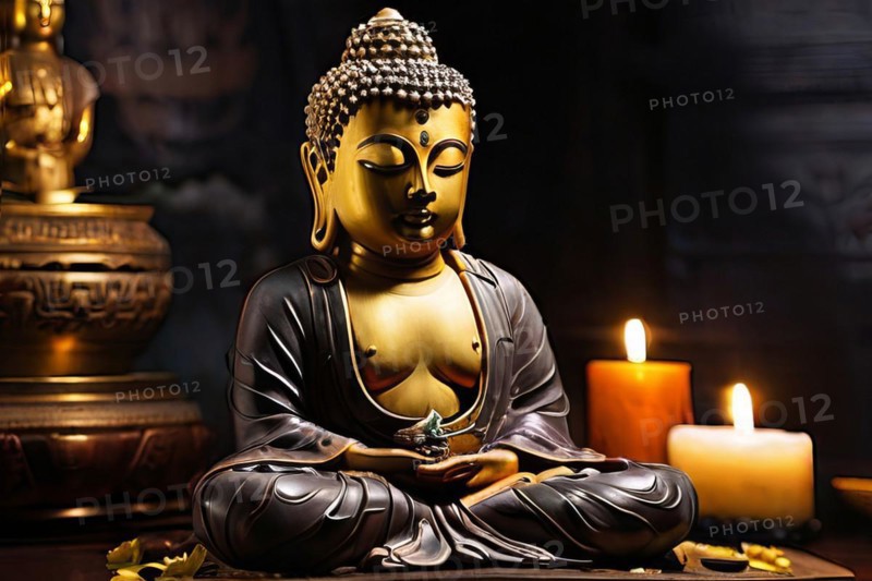A gold statue of a Buddha is sitting on a table with candles and a bowl. Scene is peaceful and serene, as the statue is surrounded by candles and a bowl, which are often used in meditation and spiritual practices, AI generated